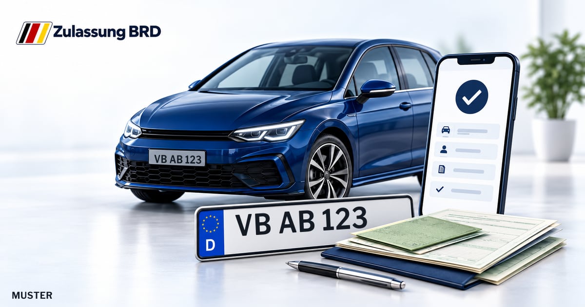 Online Fahrzeugzulassung in Homberg (Ohm): Musterkennzeichen VB AB 123, Auto und Fahrzeugpapiere und Smartphone. Illustration mit Logo von Zulassung BRD.